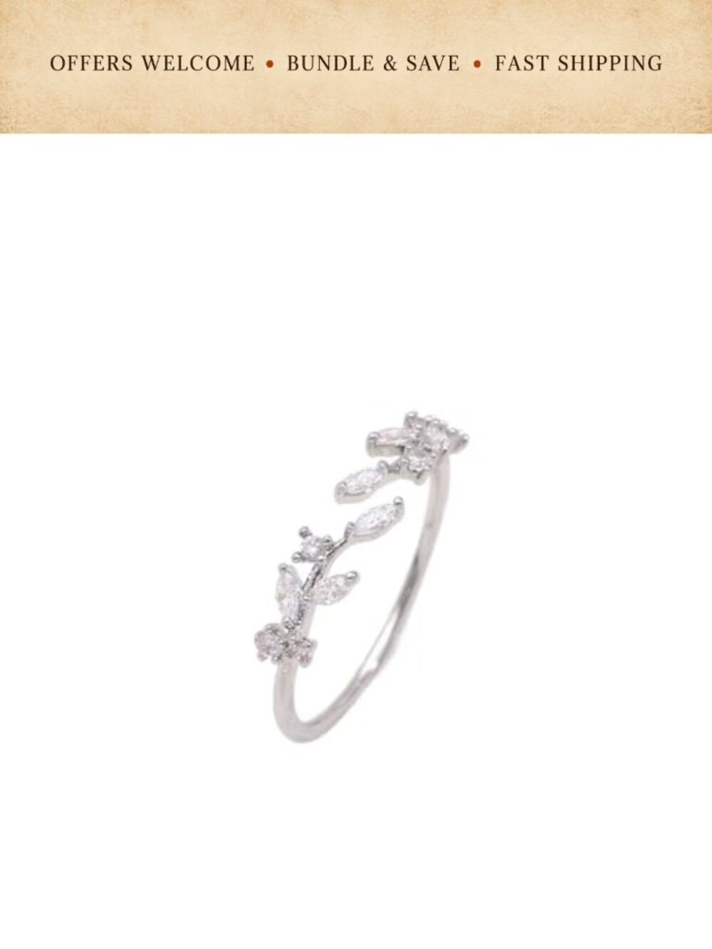 Adjustable Open Leaf Ring Copper Cubic Zirconia Stackable Statement Jewelry